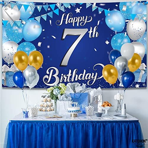 קצ 'ון, באנר יום הולדת 7 שמח כחול-אקסטראלארג', 72 על 44 אינץ ' | באנר יום הולדת שמח 7 / כחול וכסף רקע